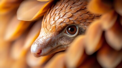 Obraz premium Close up macro shot of pangolin face with detailed scales and eye in warm golden tones showing texture and pattern of endangered species in natural habitat.