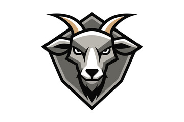 Goat Head Logo Mascot Design with Sharp Horns, Gray Fur, and Stern Expression