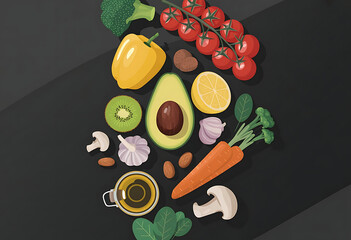 Fresh and healthy green vegetables, fruit, and salad arranged on a plate and blackboard.
