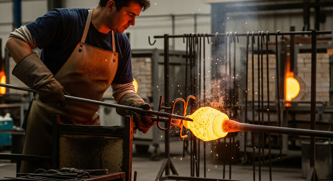 Glassblower shaping molten glass in a workshop, sparks flying, with tools and glowing furnaces in background