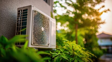 HVAC System Outdoor Unit Installation with Greenery and Natural Lighting, Modern Climate Control and Cooling Solution