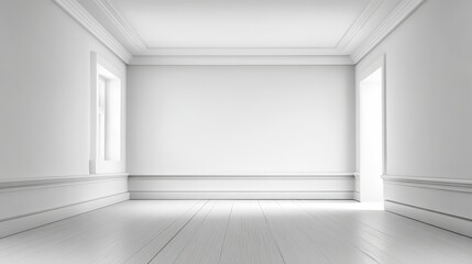 Obraz premium Minimalist Interior Design: Empty White Room with Natural Light and Wooden Floor, Perfect for Mockups and Presentations