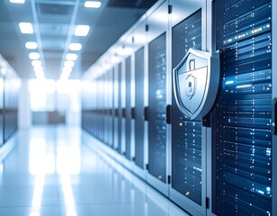 Server room with security shield; rows of data storage units, bright, clean, modern