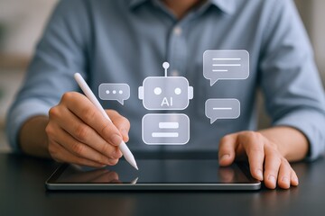 AI Assistant Concept: Man Using Tablet with Artificial Intelligence Interface for Communication and Automation