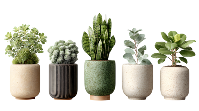 Five potted houseplants bring vibrant natural beauty and modern style to any interior design project creating a fresh serene atmosphere