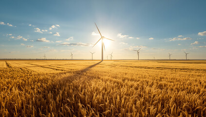 Wind Turbines in Golden Wheat Fields at Sunset