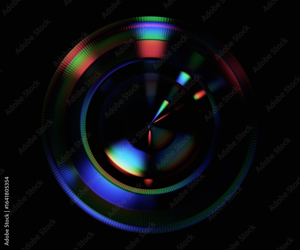Poster abstract iridescent circles with glowing lights, 3d render