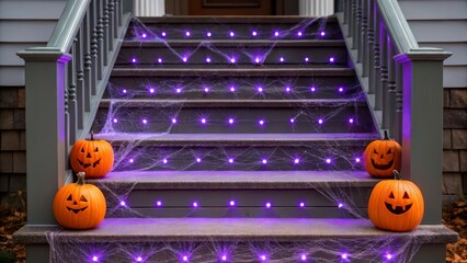 Festively Decorated Stairs with Pumpkin Lanterns and Purple Lights for Halloween Celebration