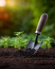 Gardener Using Trowel to Plant Seedling in Soil Surrounded by Lush Greenery During Sunrise