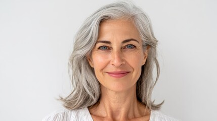 smiling beautiful mature business woman standing isolated on white background older senior businesswoman 60s grey haired lady professional coach looking at camera close up face headshot portrait no l