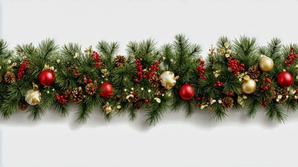Festive Christmas Garland with Ornaments, Pinecones, and Berries on a White Background for Holiday Decor