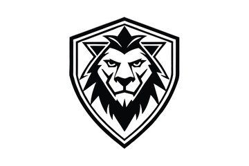 Black and White Lion Head in Shield Shape Logo Mascot Emblem Design