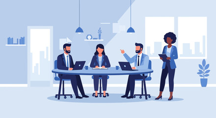 Diverse Team Collaborating at a Meeting with Laptops in a Modern Office Setting