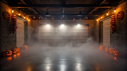 Spooky Halloween Garage Scene with Pumpkins and Fog in an Industrial Setting