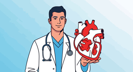 Doctor holding human heart model illustration for medical or health related content