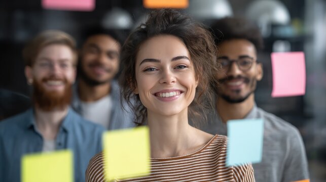 young businesswoman and her diverse team smiling while brainstorming ideas together with sticky notes on a glass wall in a modern office no logos no brands ar 169
