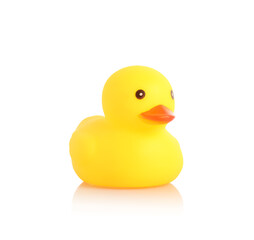 One cute rubber duck on mirror surface against white background