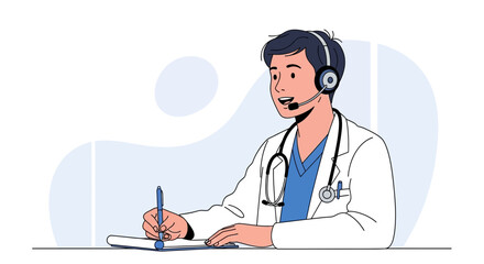 Fototapeta premium Friendly doctor with headset providing telemedicine consultations and taking notes
