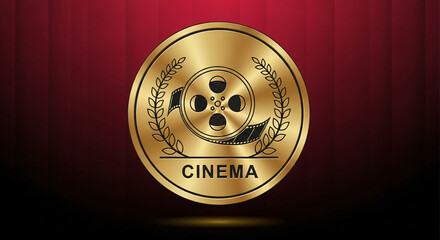 Golden cinema logo with film reel design set against a rich red backdrop, symbolizing film industry excellence