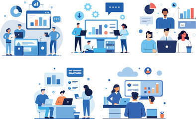 Business Process Concept with Team Collaboration — Flat Vector Illustration of Project Meeting and Brainstorming