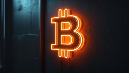 Neon Bitcoin symbol on a dark wall