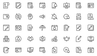 Subscription line icon set. Pixel perfect. Editable stroke. The set includes a Subscription, Newsletter, Newspaper, Reminder, Notification Icon, Letter, Megaphone, Bell, Mail, Message, Web Page.