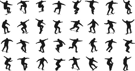 Dynamic silhouette skateboarding collection, showcasing various tricks, poses, and action shots for sports enthusiasts, skateboarders, fitness professionals, and athletes