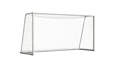 A white metal soccer goal with a white net is shown from the front on a transparent background representing the sport of football and athletic competition isolated on transparent background