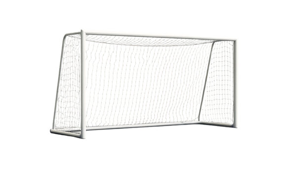 A white metal soccer goal with a white net is shown from the front on a transparent background representing the sport of football and athletic competition isolated on transparent background