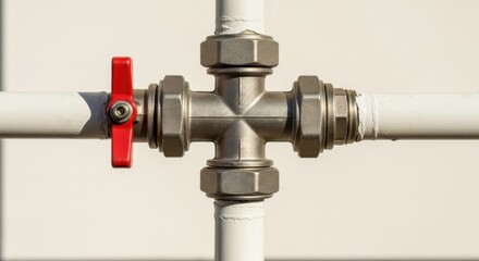 Metal plumbing pipes with red valve on white background provide water control. Plumbing pipes connect system with joints and valves.