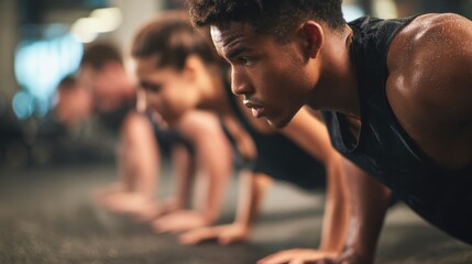 fit young people doing pushups in a gym looking focused no logos no brands ar 169