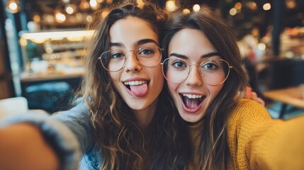image of excited happy pretty girls friends sitting in cafe take a selfie by camera no logos no brands ar 169