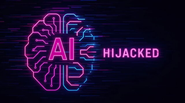AI neon brain circuit design with digital and cyber technology, highlighting futuristic artificial hijacked threat in glowing pink and blue lines on dark background for advanced intelligence