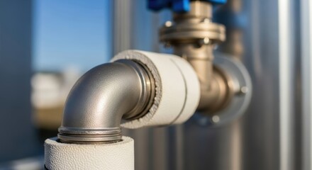 Insulated pipe system with metal tubing against a blue sky. Insulated pipe system components include aluminum, insulation, and plumbing fixtures under bright daylight.
