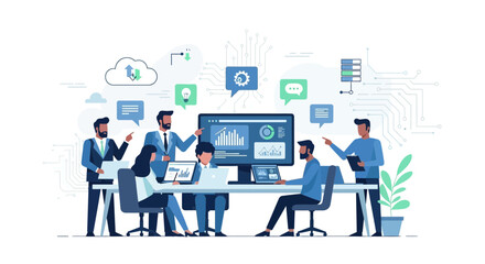 Fototapeta premium Team collaboration on data analysis and cloud technology in a modern office environment