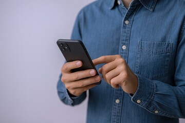 Man Using Smartphone: Focus on Mobile Technology and Digital Lifestyle in Blue Denim Shirt