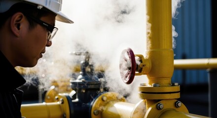 Worker inspecting gas pipeline with white hard hat and safety glasses, gas pipeline is yellow.