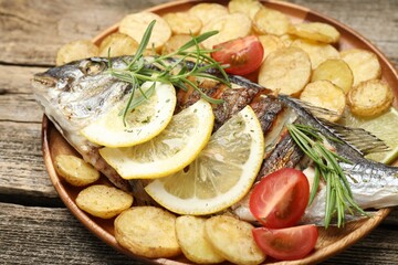 Tasty roasted dorado fish served with potatoes, tomatoes and lemon on wooden table, closeup. Homemade seafood dish