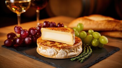 Gourmet cheese platter featuring a creamy cheese wheel, fresh grapes, and artisan bread with wine glasses