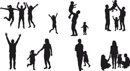 Silhouette of Happy Families Playing, Parents Lifting Children, Jumping, Holding Hands, Family Fun, Bonding Moments, Joyful Family Connection