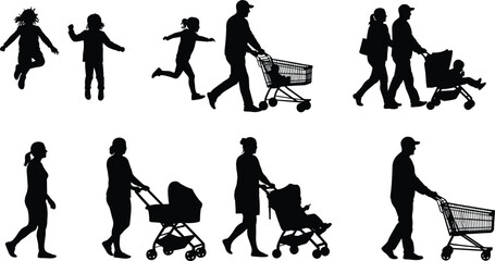Silhouette of Families Walking with Strollers and Shopping Carts, Parent and Child Activity, Family Bonding, Outdoor Lifestyle