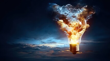 Shining fragmented bulb glowing in a nocturnal sky, great for abstract art, educational materials on technology, or modern decor.