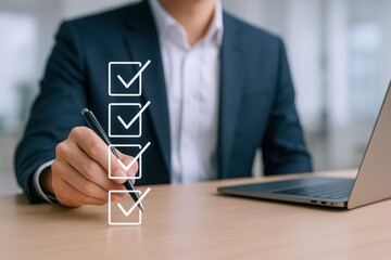 Businessman completing digital checklist with pen, utilizing computer, illustrating task management and efficiency