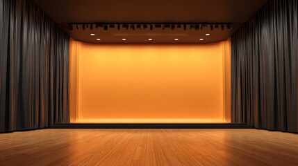 Empty Stage with Orange Backdrop and Black Curtains, Ready for Performance or Presentation