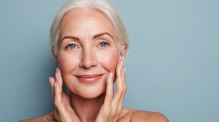beauty skin care and old people concept  portrait of smiling senior woman touching her face over blue background no logos no brands ar 169