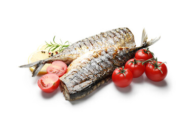 Tasty roasted mackerels with spices and tomatoes isolated on white. Homemade seafood dish