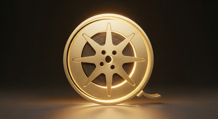 Golden film reel with a star-shaped design illuminated against a dark background, showcasing elegance