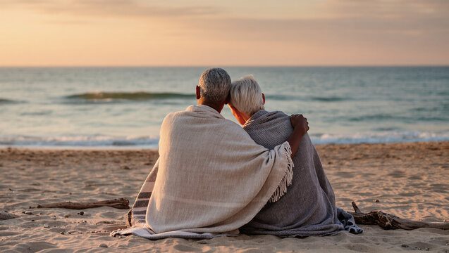 Elderly mixed race couple, African American or Caucasian man or woman, queer or non-binary, sitting close on sandy beach at golden hour, wrapped in blankets, cozy warm tones, ocean waves, diversity, - Powered by Adobe