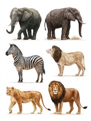 Naklejka premium set of african wild animals in cartoon style including elephants zebras and lions isolated on white