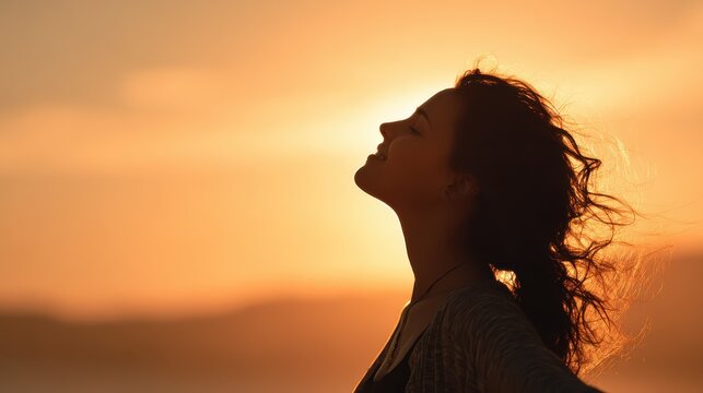 silhouette of free woman enjoying freedom feeling happy at sunset serene relaxing woman in pure happiness no logos no brands ar 169